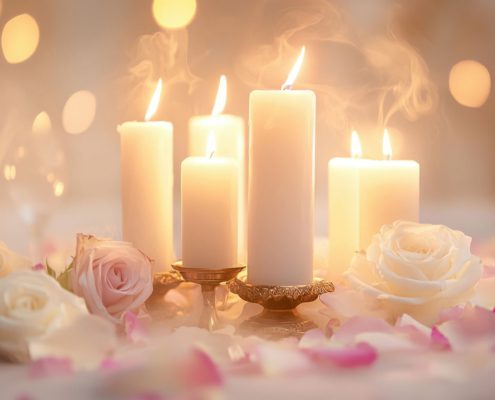 Mehrere brennende weiße Kerzen auf festlich dekoriertem Tisch mit Rosenblättern