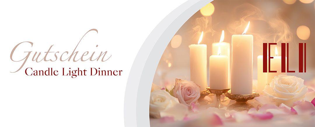 Gutschein Candle Light Dinner – Kerzen, Rosen und Blüten als romantisches Candle-Light-Dinner-Motiv
