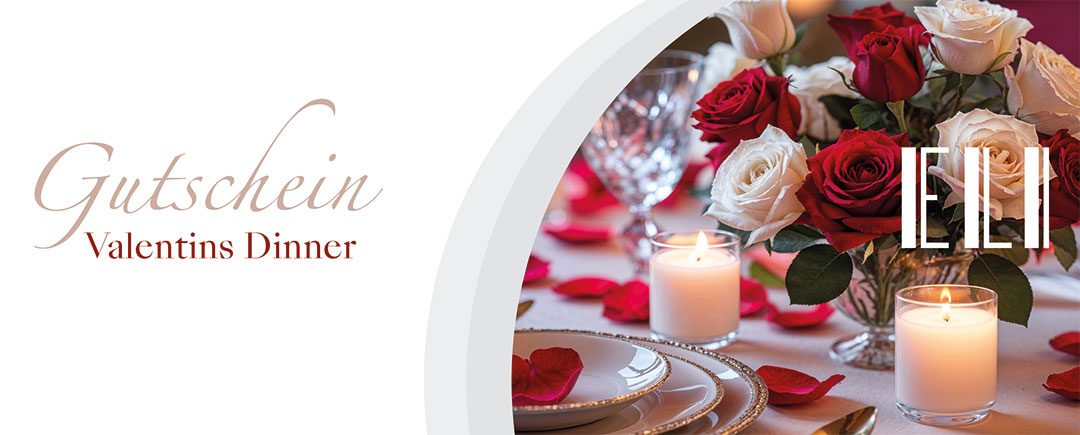 Gutschein Candle Light Dinner – Kerzen, rote und weiße Rosen und Blüten als romantisches Bildmotiv