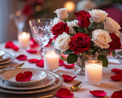 Festlich gedeckter Tisch mit roten und weißen Rosen, Kerzen und Gläsern für ein Valentins-Dinner im ELI