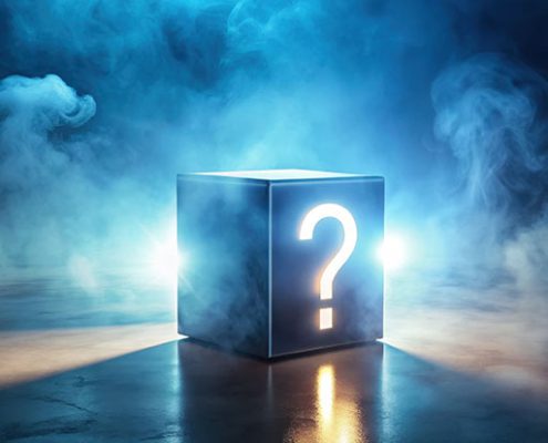 Leuchtender Würfel mit Fragezeichen in mystischer Rauchatmosphäre als Symbol für das Pub Quiz.