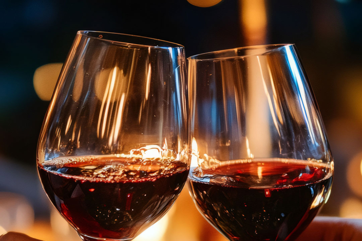 Zwei Rotweingläser stoßen im Kerzenlicht an, gefüllt mit dunklem Rotwein.