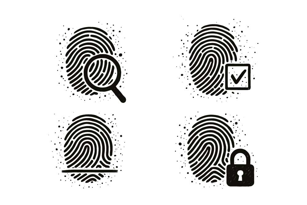Grafische Darstellung von Fingerabdrücken mit Symbolen für Spurensuche, Beweisprüfung und Ermittlungsarbeit.